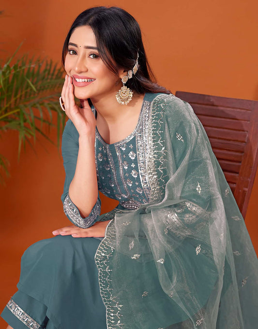 Cotton Blend Embroidery and Sequins Work A-Line Kurta with Pant & Dupatta