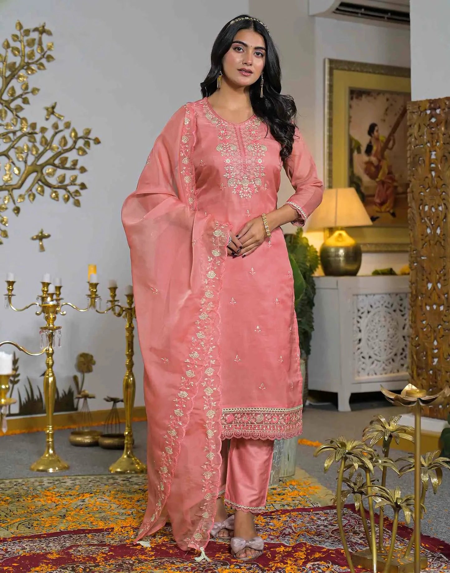 Organza Embroidered Straight V-Neck Kurta with Pant & Dupatta