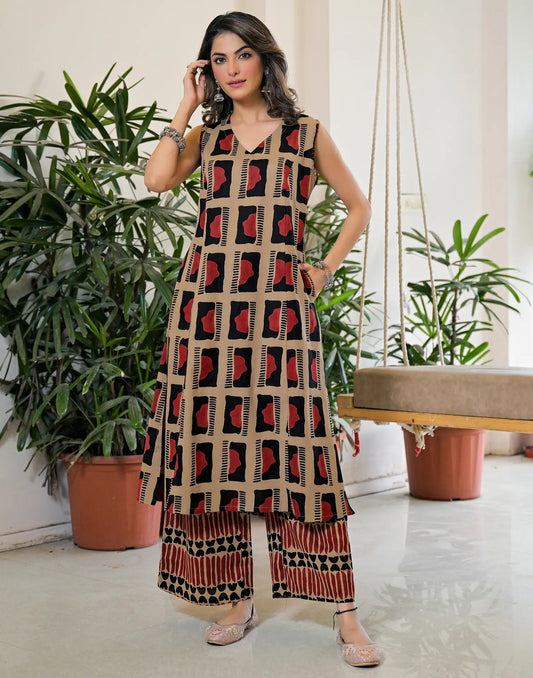 Beige V-Neck Geometric Block Print Sleeveless A-Line Co-ord Set