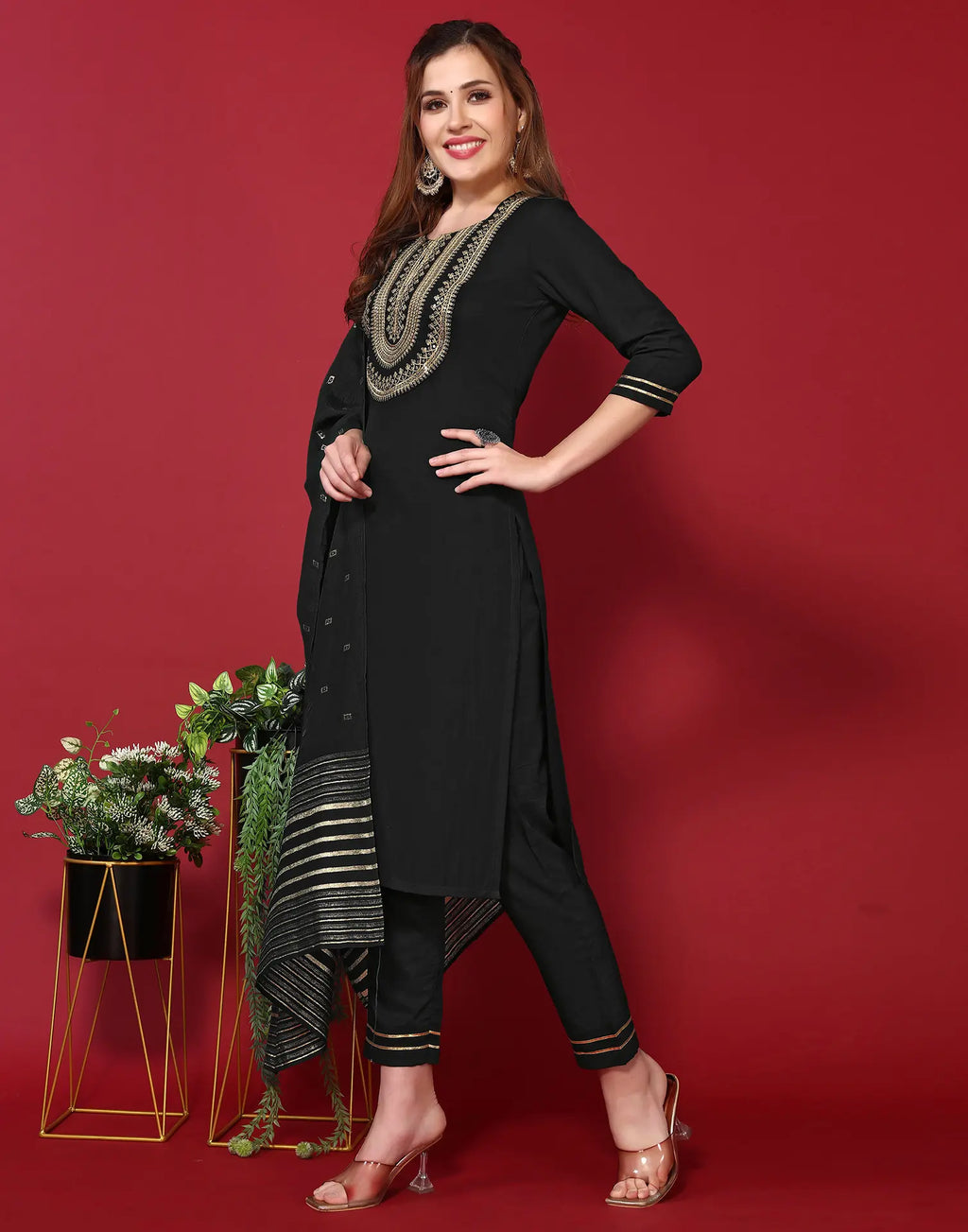 Poly Chinnon Embroidered Straight 3 Piece Kurta Set