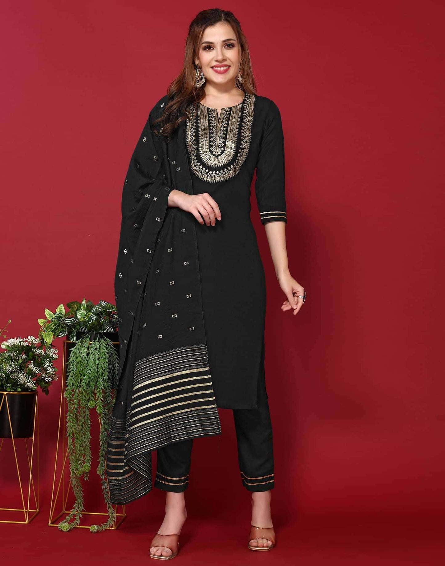 Rayon Embroidery and Lace Straight Kurta with Pant & Dupatta