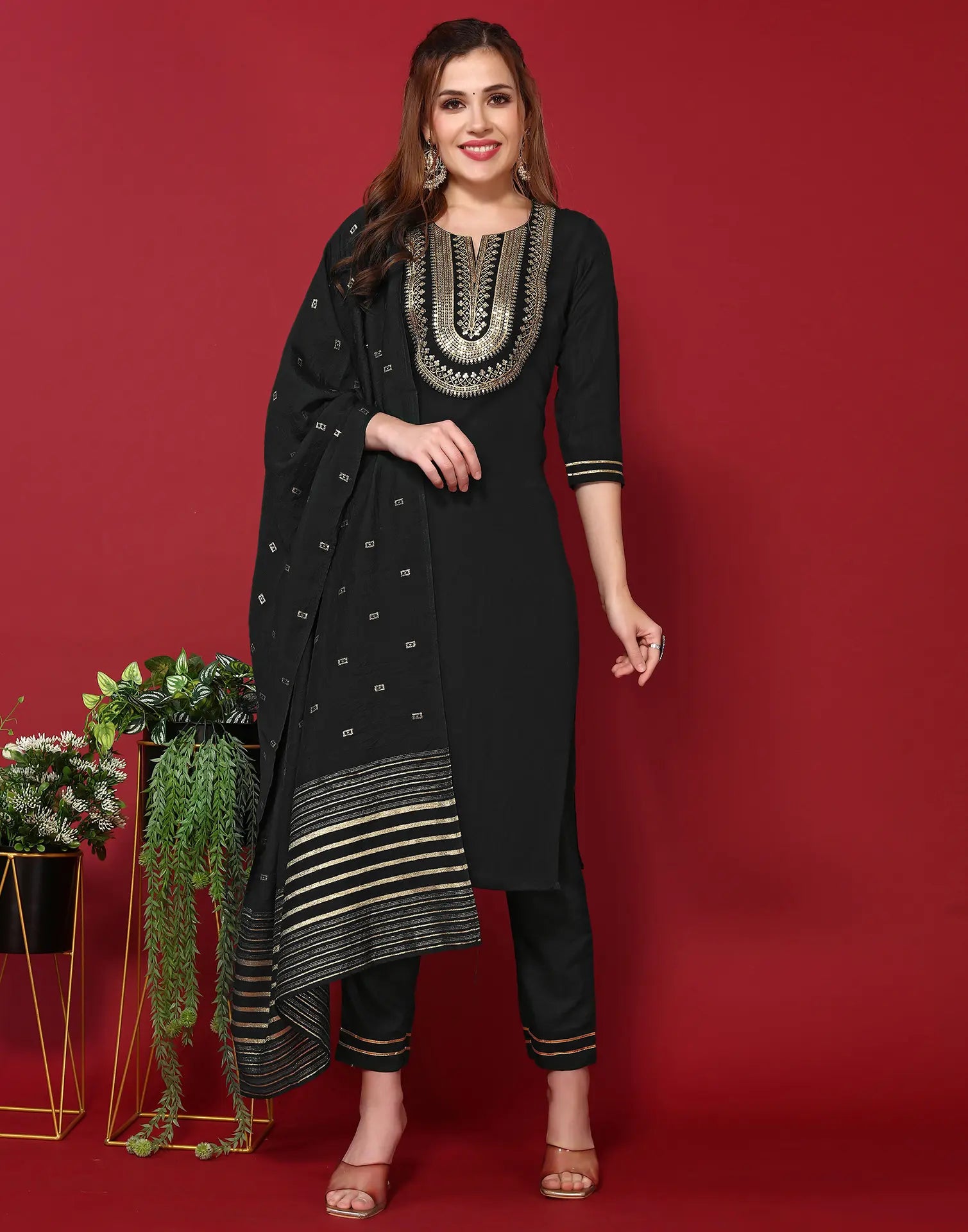Poly Chinnon Embroidered Straight 3 Piece Kurta Set