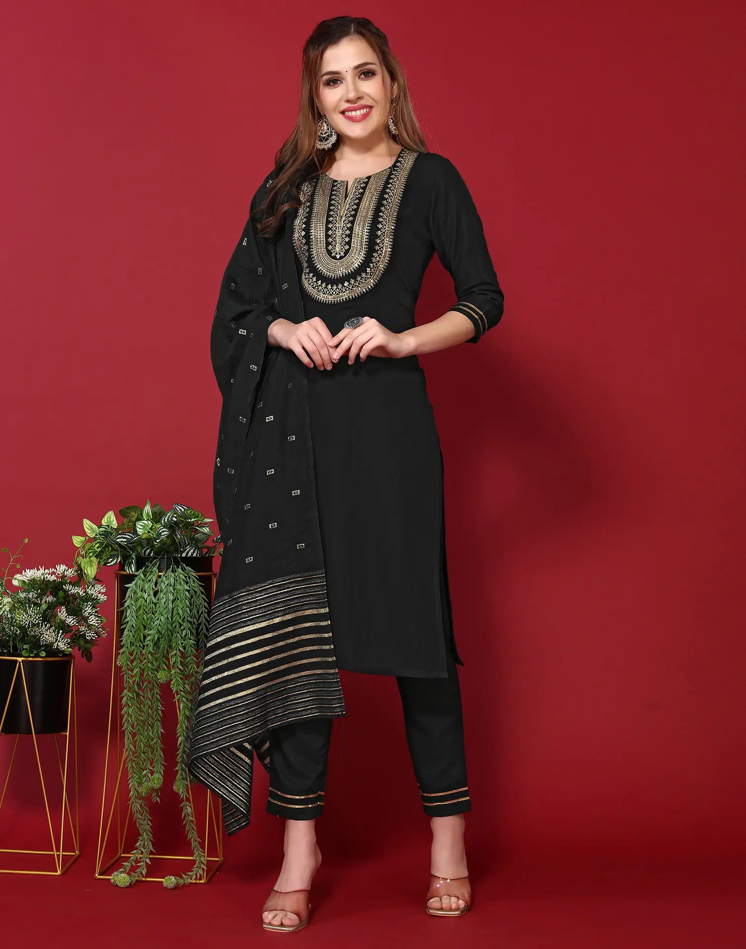 Poly Chinnon Embroidered Straight 3 Piece Kurta Set