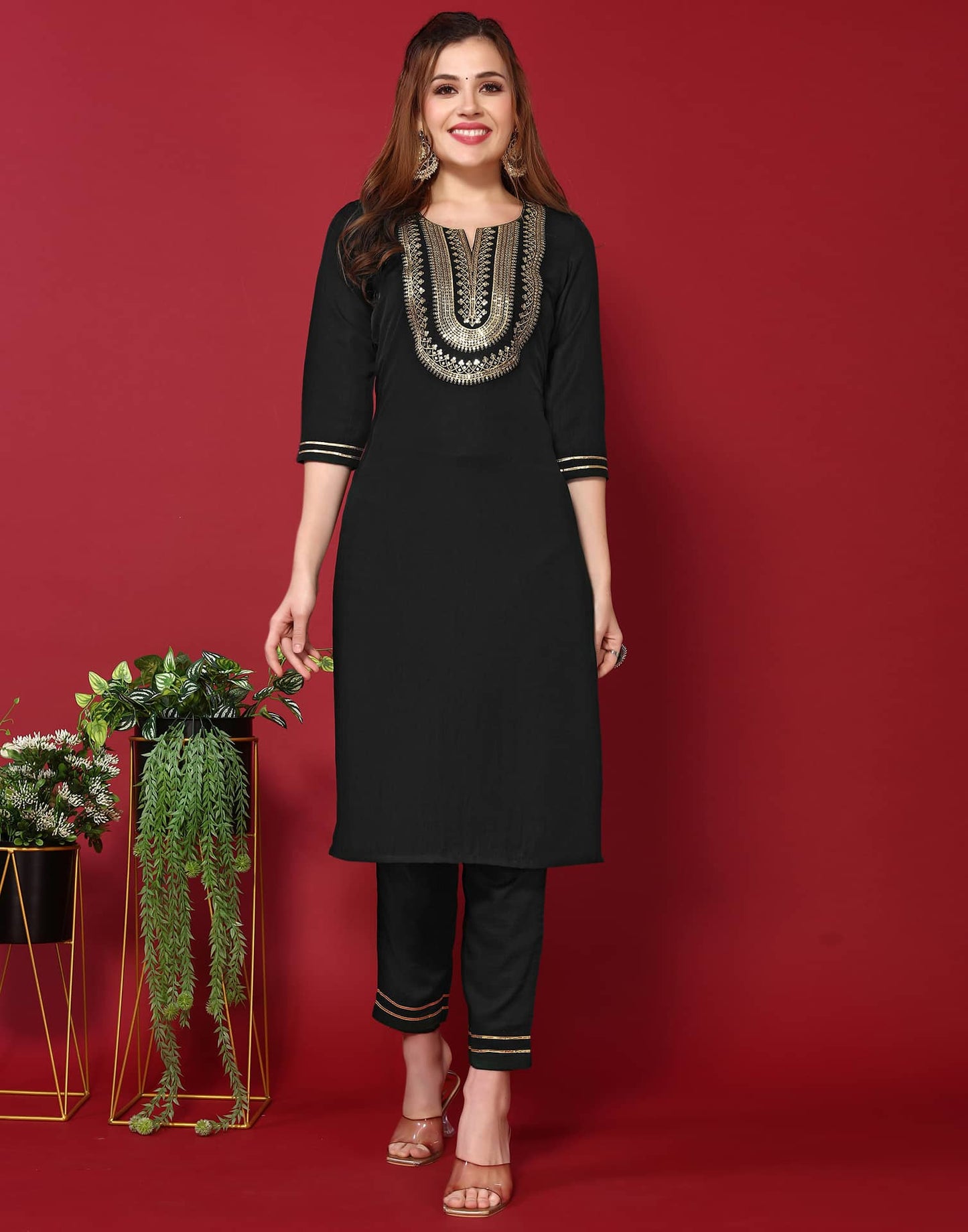 Rayon Embroidery and Lace Straight Kurta with Pant & Dupatta