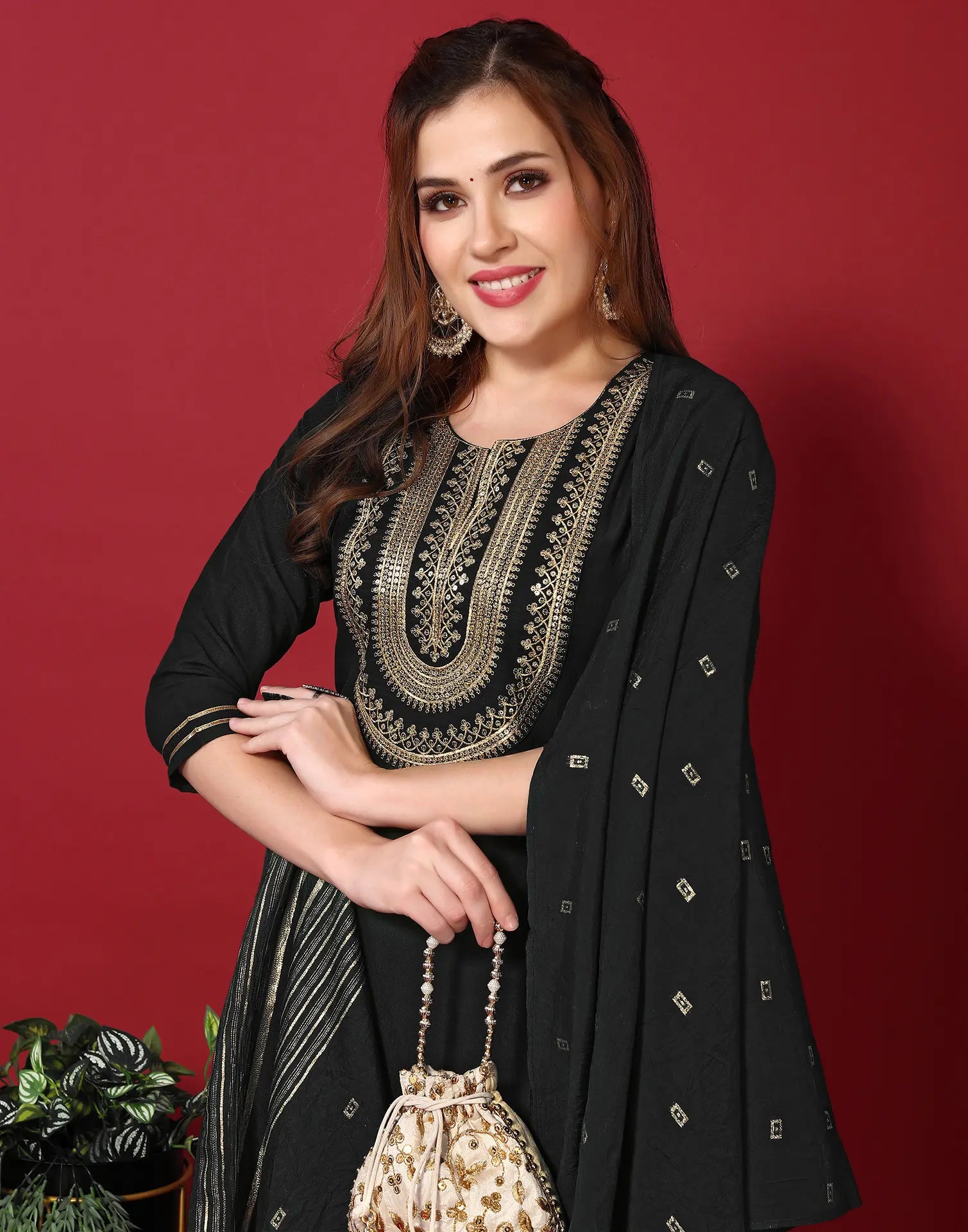 Poly Chinnon Embroidered Straight 3 Piece Kurta Set