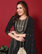 Poly Chinnon Embroidered Straight 3 Piece Kurta Set