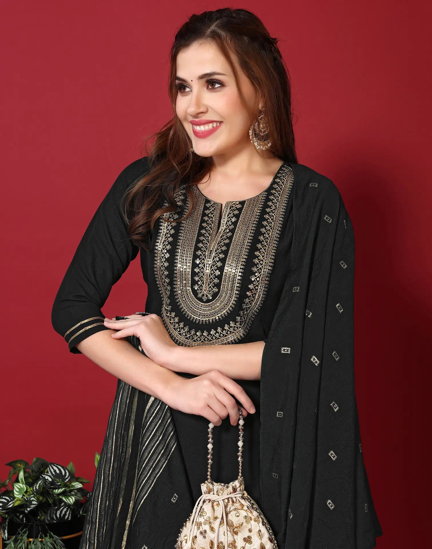 Poly Chinnon Embroidered Straight 3 Piece Kurta Set