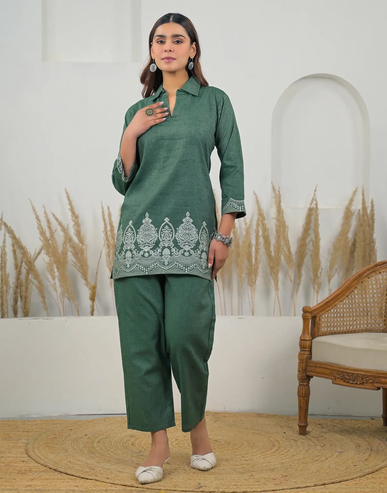 Skylee Cotton Woven Mandarin Collar Co-ord Set For Woman