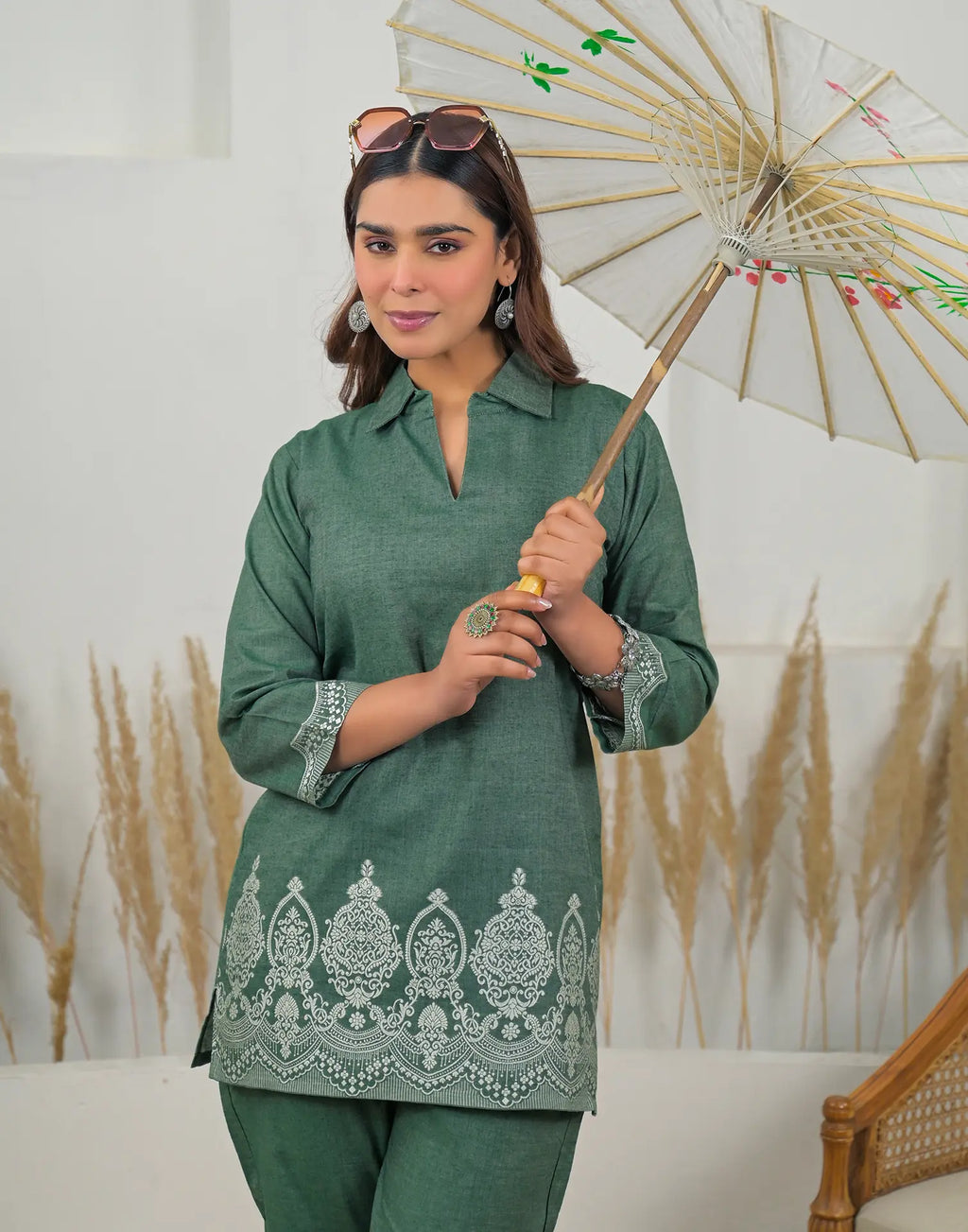 Skylee Cotton Woven Mandarin Collar Co-ord Set For Woman