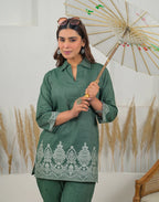 Skylee Cotton Woven Mandarin Collar Co-ord Set For Woman