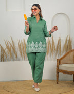 Skylee Cotton Woven Mandarin Collar Co-ord Set For Woman