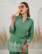 Skylee Cotton Woven Mandarin Collar Co-ord Set For Woman