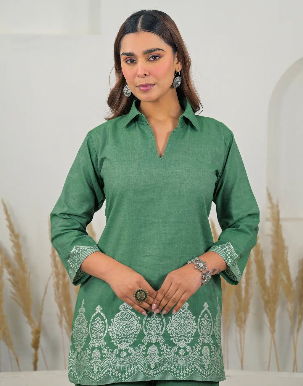 Skylee Cotton Woven Mandarin Collar Co-ord Set For Woman