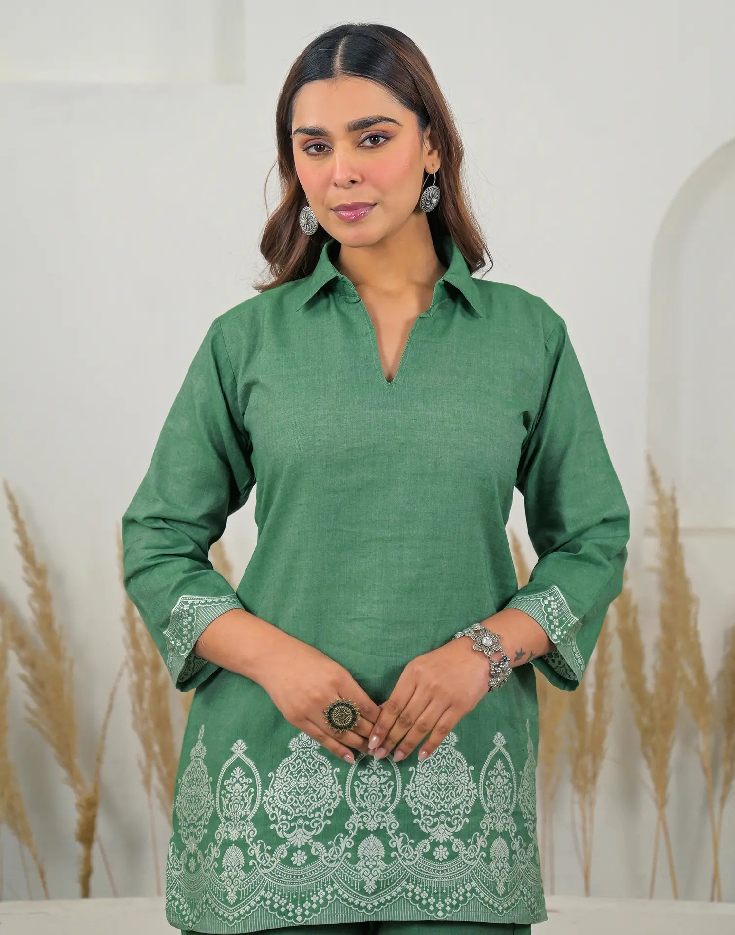 Skylee Cotton Woven Mandarin Collar Co-ord Set For Woman