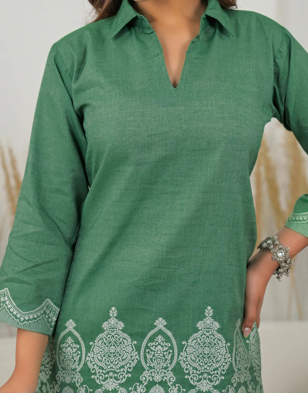 Skylee Cotton Woven Mandarin Collar Co-ord Set For Woman