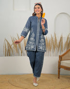 Skylee Cotton Woven Mandarin Collar Co-ord Set For Woman