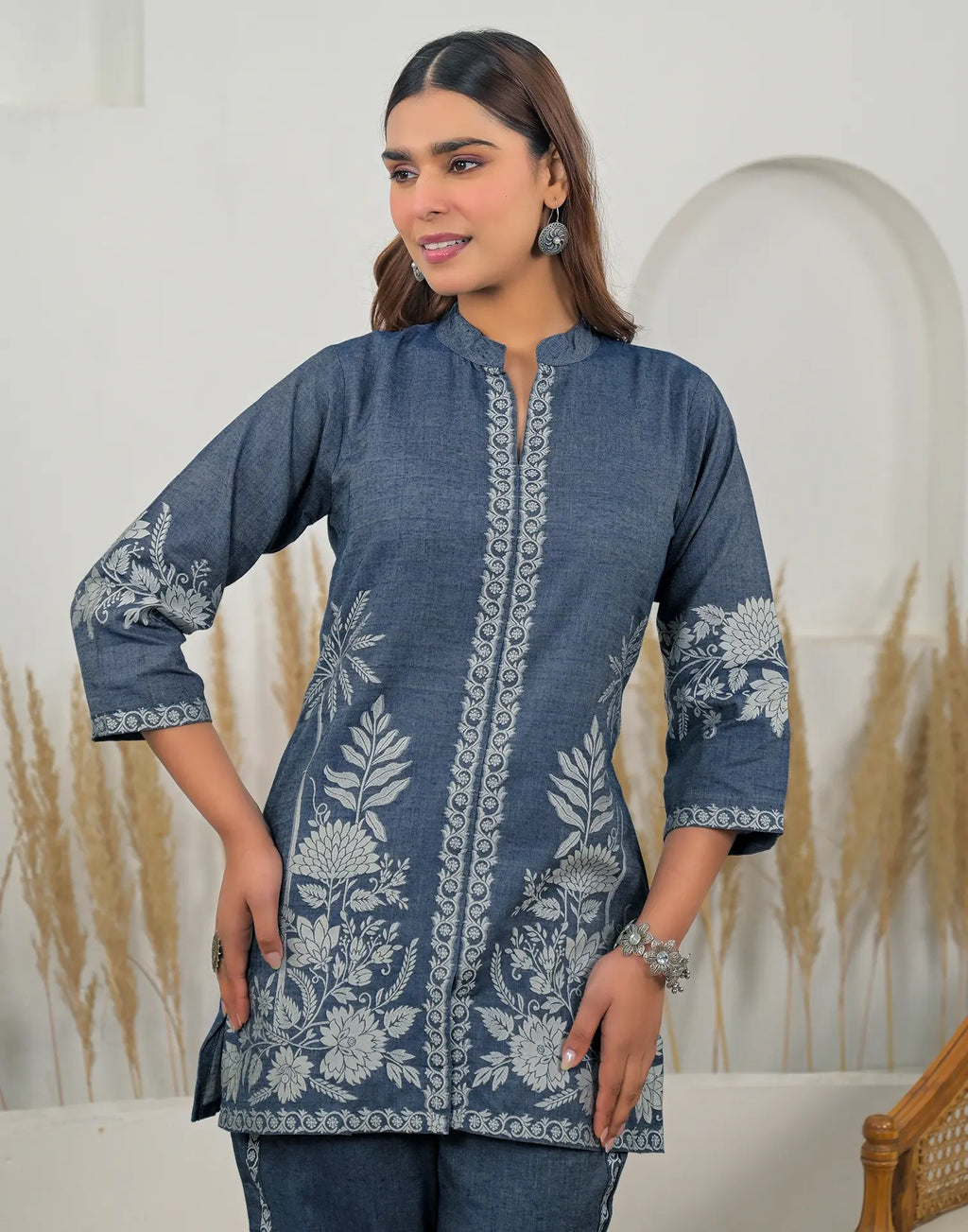 Skylee Cotton Woven Mandarin Collar Co-ord Set For Woman