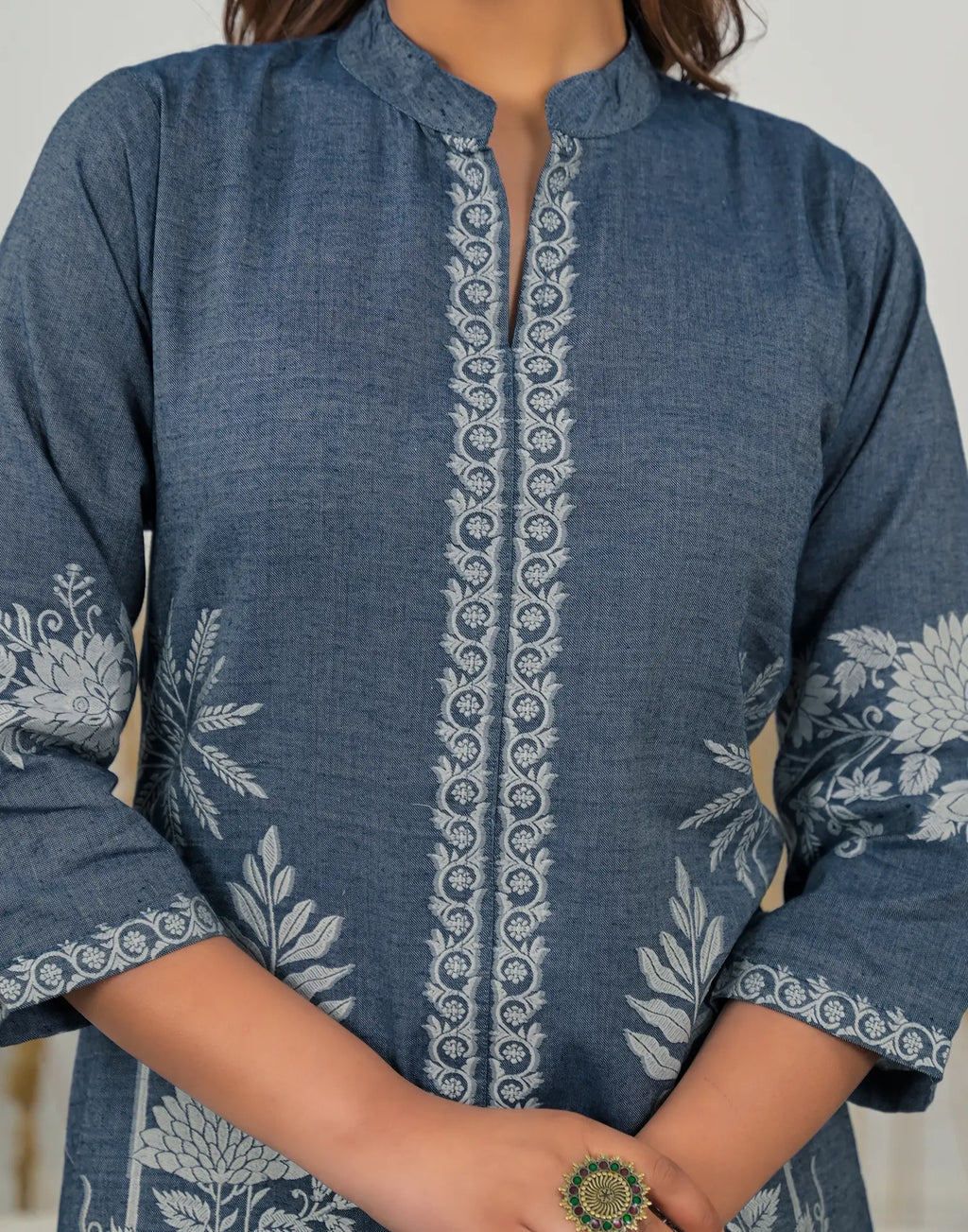 Skylee Cotton Woven Mandarin Collar Co-ord Set For Woman