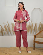 Lush Pink Collared Neck Weaving Straight Ethnic Co-ord Set