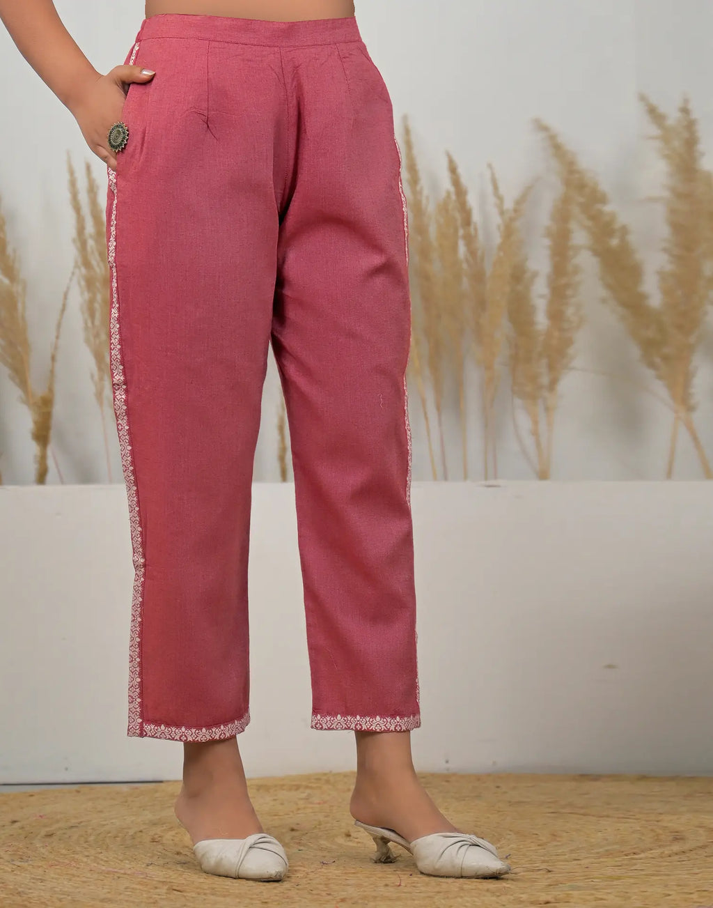 Lush Pink Collared Neck Weaving Straight Ethnic Co-ord Set