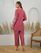 Lush Pink Collared Neck Weaving Straight Ethnic Co-ord Set