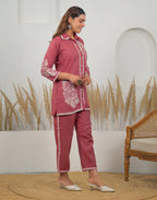 Lush Pink Collared Neck Weaving Straight Ethnic Co-ord Set