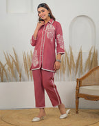 Lush Pink Collared Neck Weaving Straight Ethnic Co-ord Set