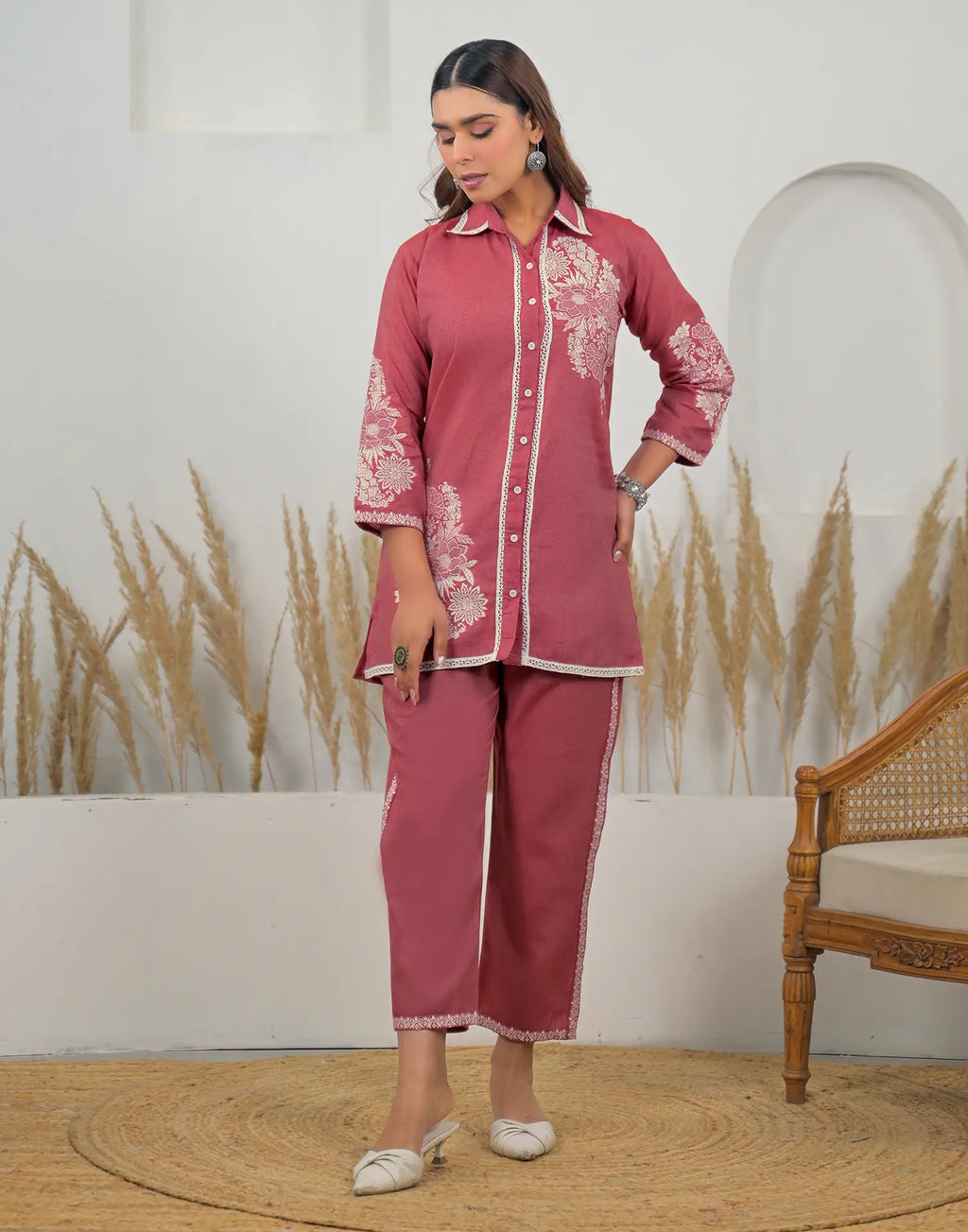 Lush Pink Collared Neck Weaving Straight Ethnic Co-ord Set