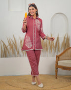 Lush Pink Collared Neck Weaving Straight Ethnic Co-ord Set