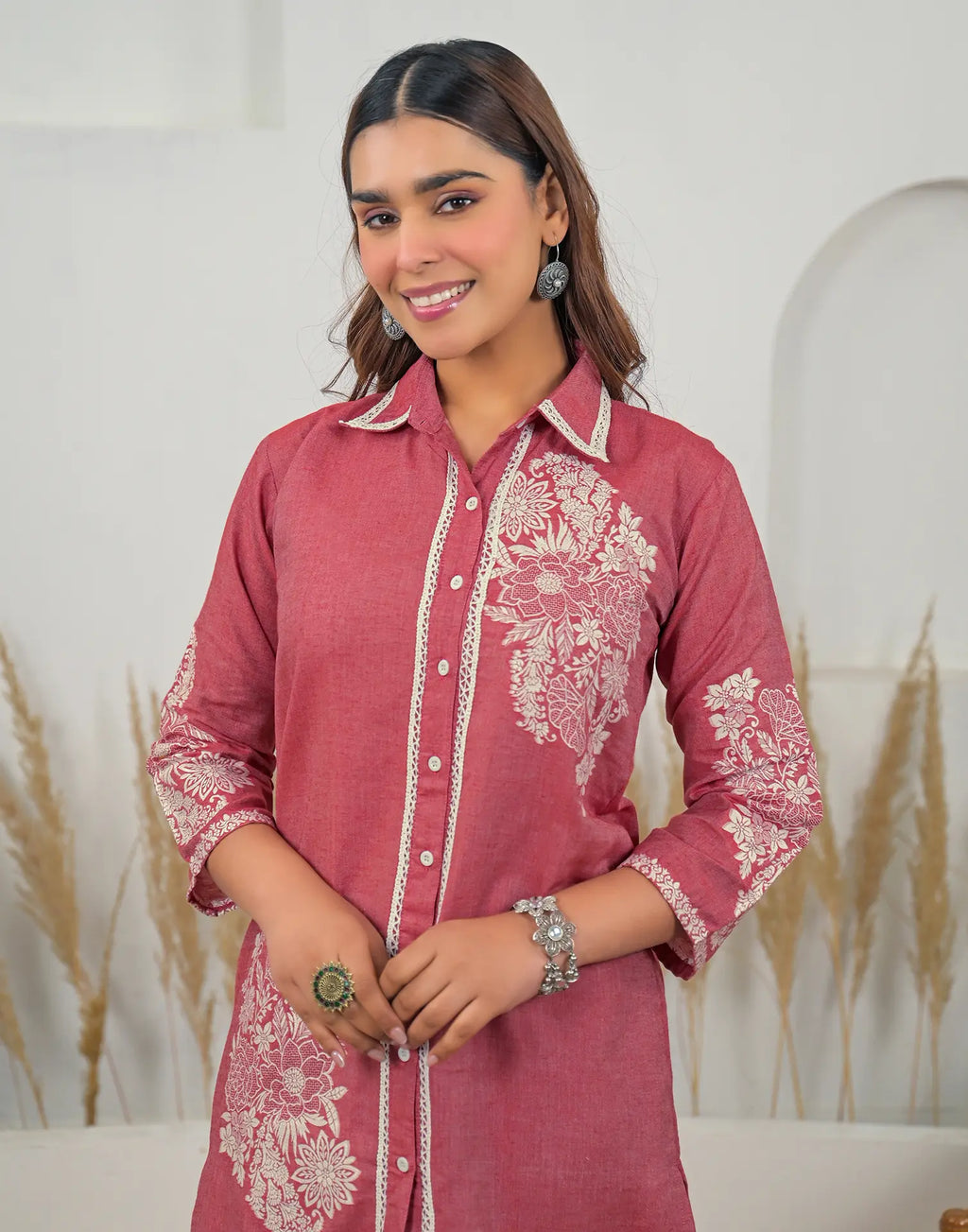 Lush Pink Collared Neck Weaving Straight Ethnic Co-ord Set