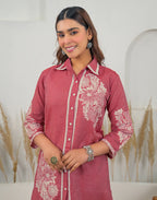 Lush Pink Collared Neck Weaving Straight Ethnic Co-ord Set