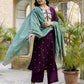 Affordable Wine silk heavy embroidered kurta set with dupatta