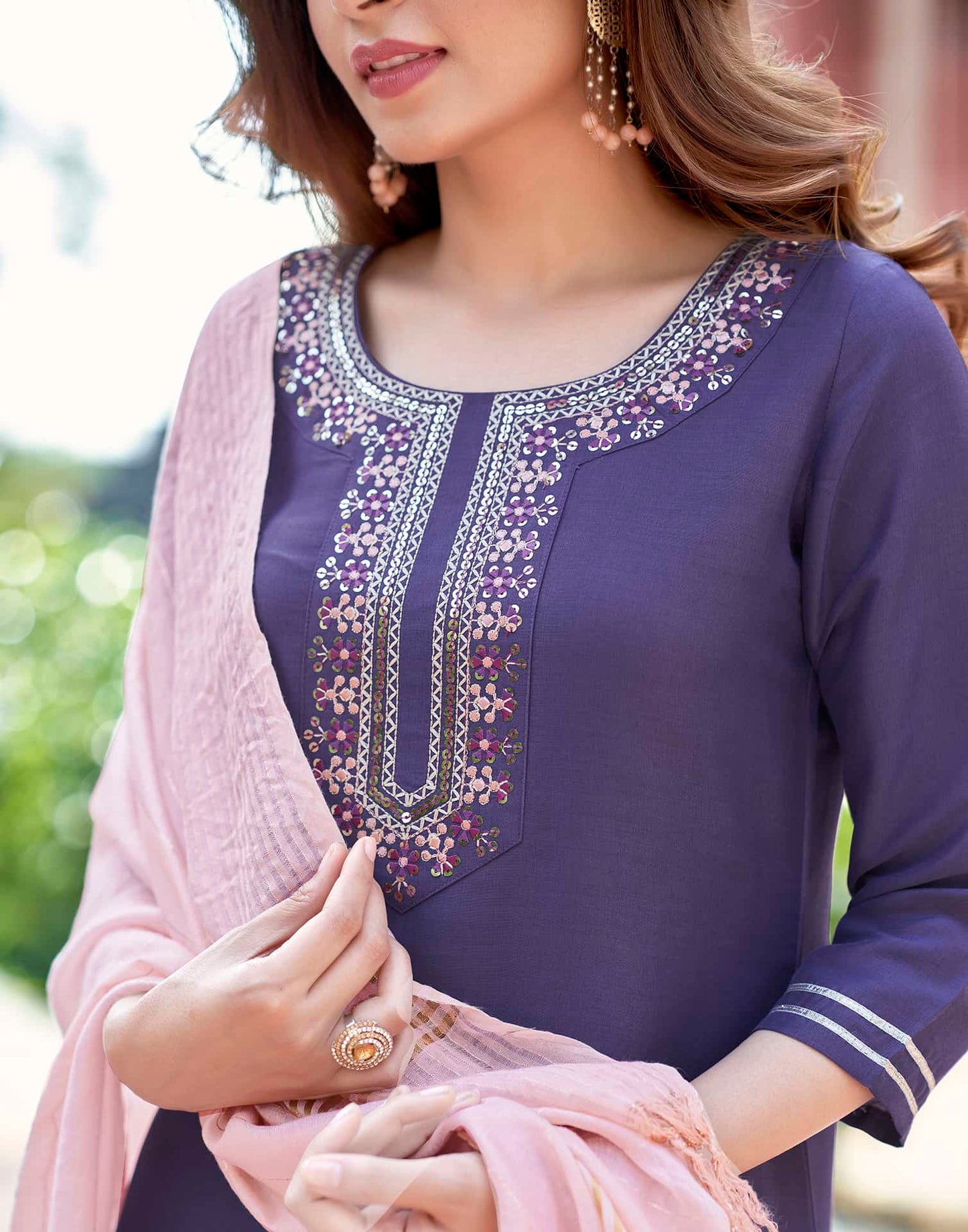 Silk Blend Dyed, Sequence Embroidery and Lace Straight Kurta with Pant & Dupatta