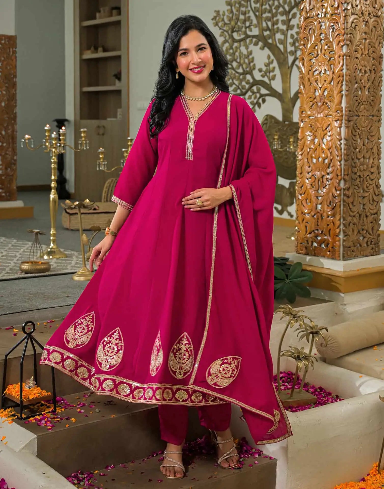 Skylee Silk Embroidered A-Line 3 Piece Kurta Set For Woman