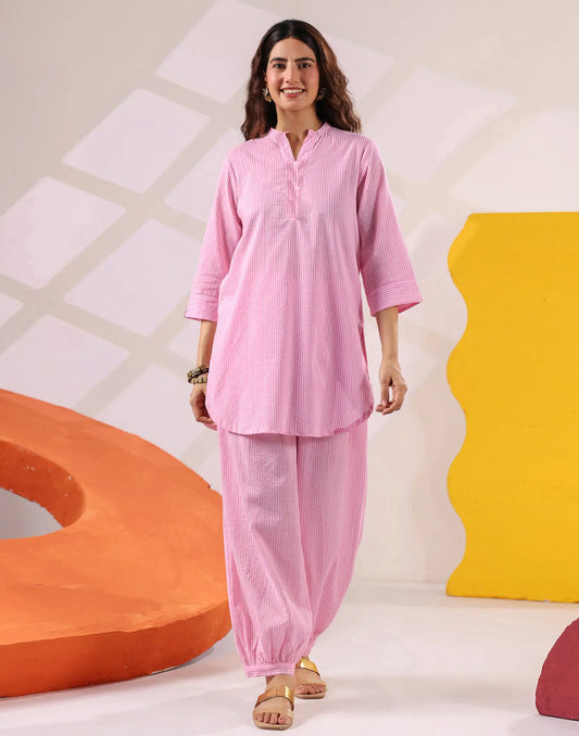 Baby Pink Mandarin Band Collar Striped Straight Co-ord Set with Tapered Pants