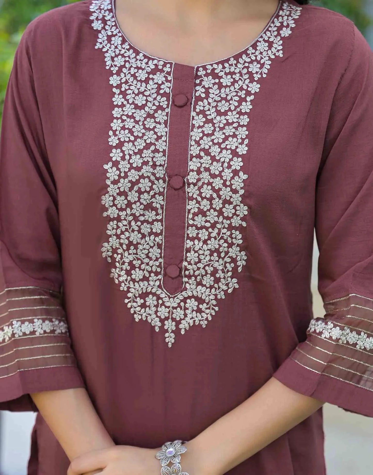 Silk Embroidered Straight Round Neck Kurta with Pant & Dupatta