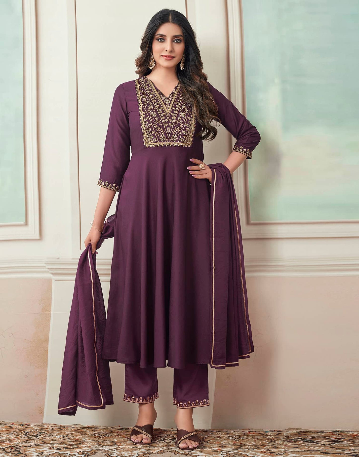 Silk Blend Dyed and Sequence Embroidery Work A-Line Kurta with Pant & Dupatta