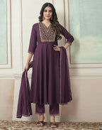 Poly Chinnon Embroidered Anarkali 3 Piece Kurta Set