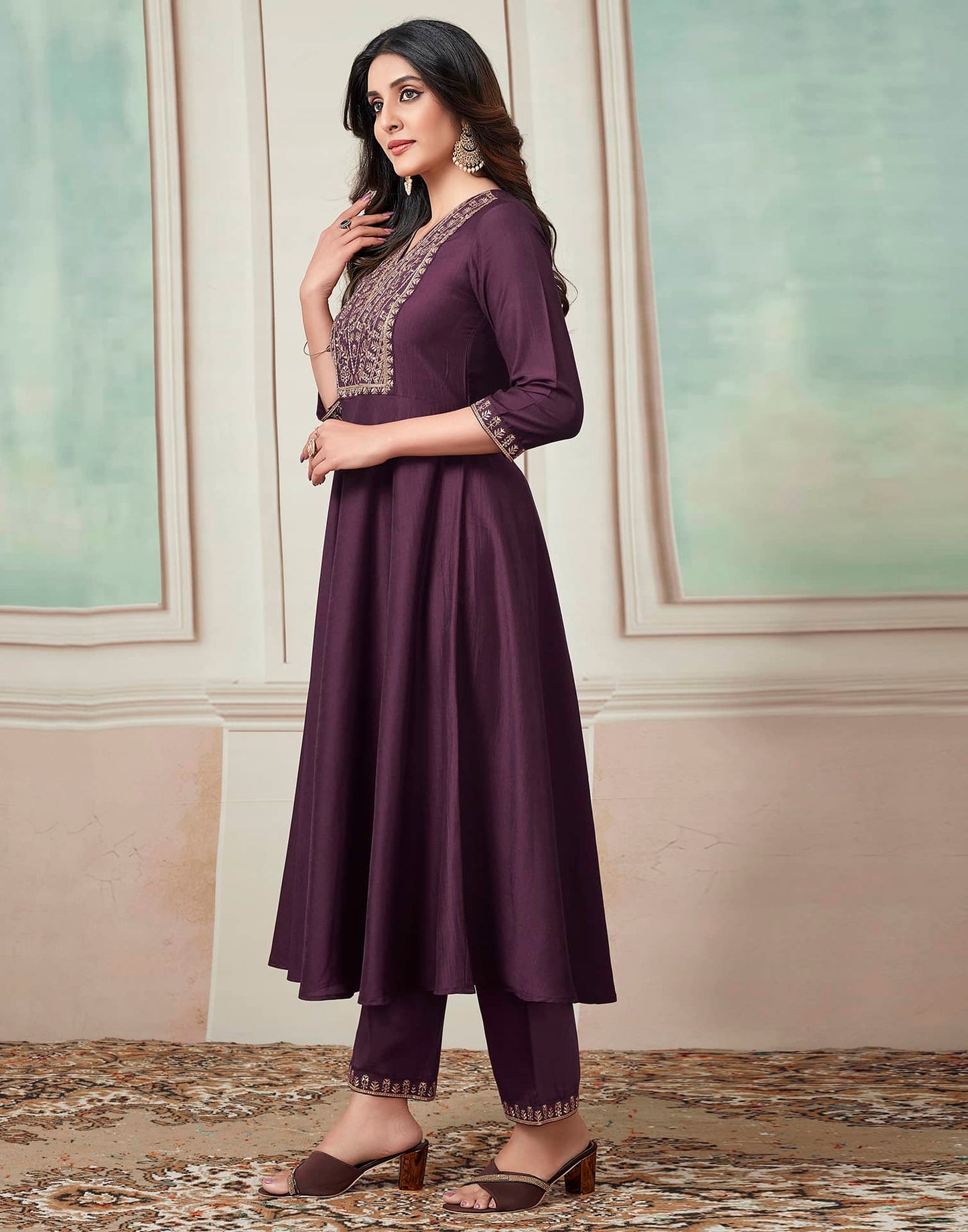 Silk Blend Dyed and Sequence Embroidery Work A-Line Kurta with Pant & Dupatta
