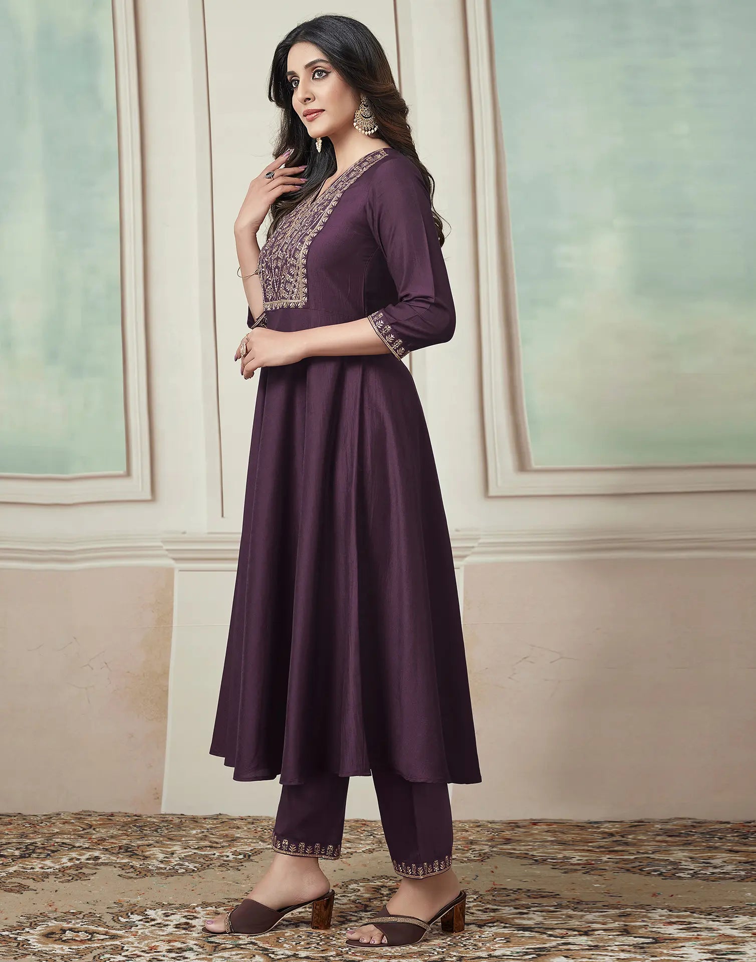 Poly Chinnon Embroidered Anarkali 3 Piece Kurta Set