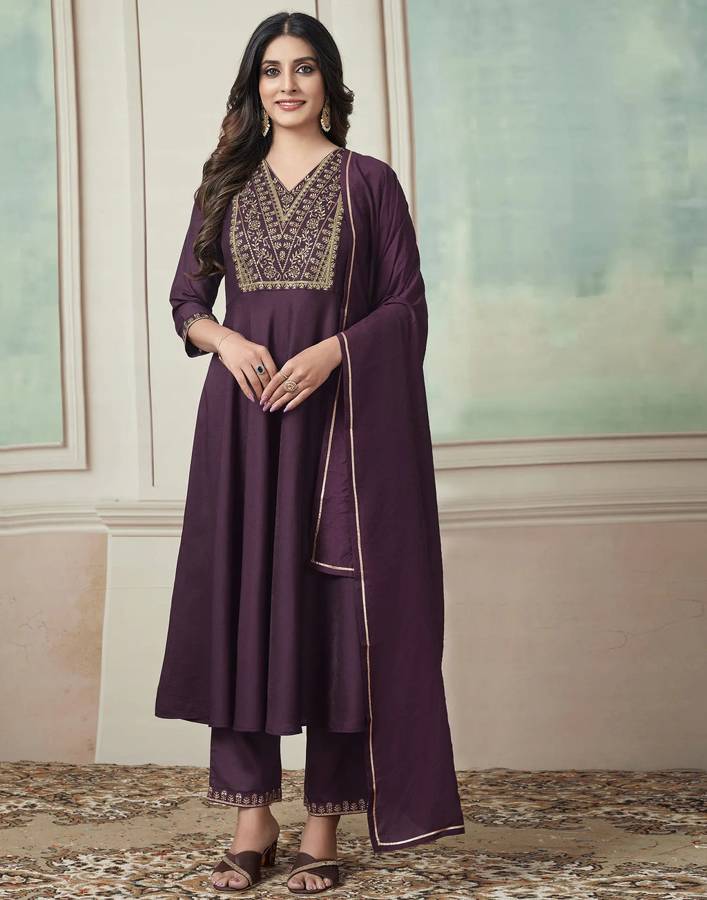 Poly Chinnon Embroidered Anarkali 3 Piece Kurta Set