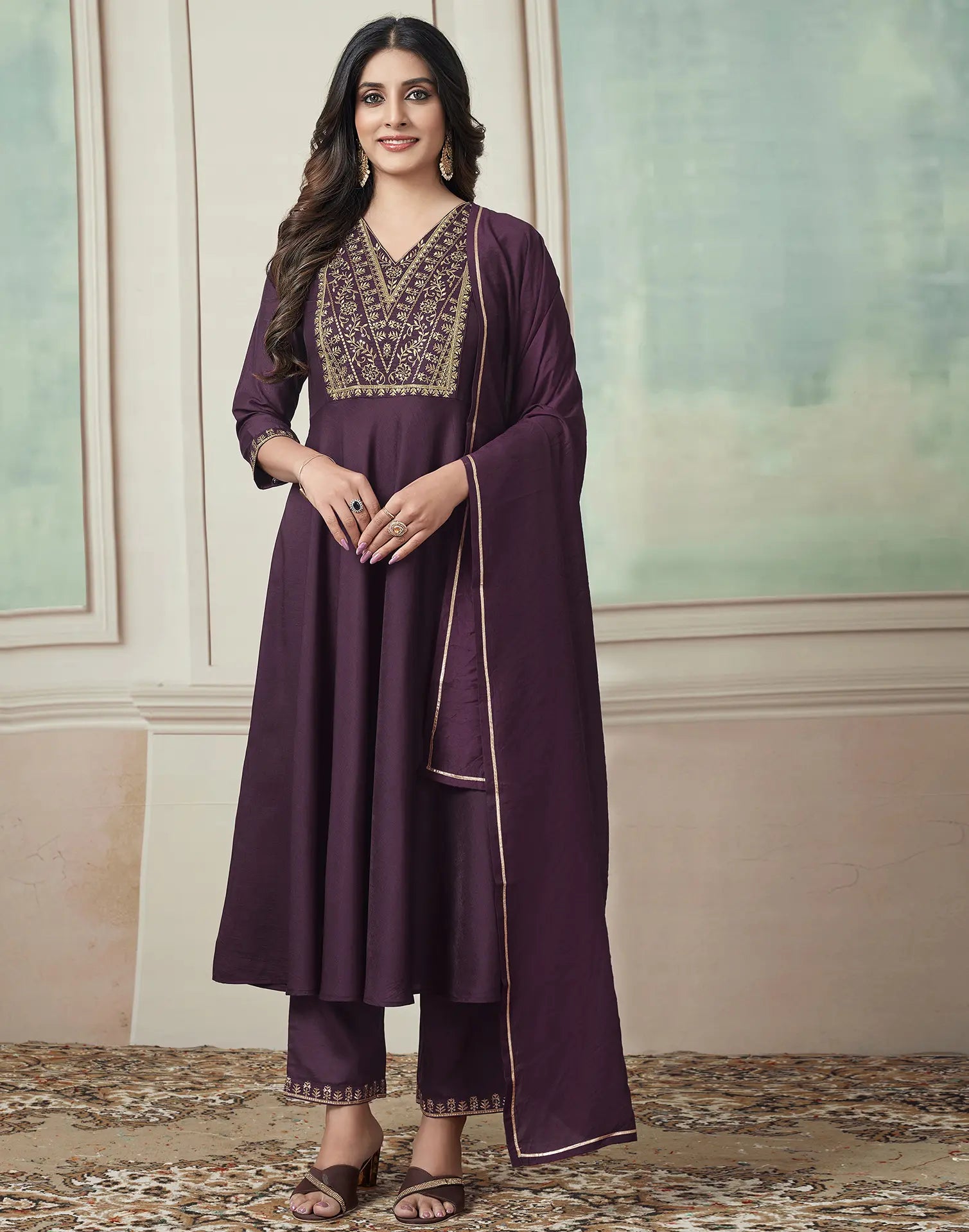 Poly Chinnon Embroidered Anarkali 3 Piece Kurta Set