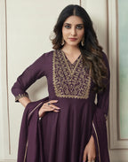 Poly Chinnon Embroidered Anarkali 3 Piece Kurta Set