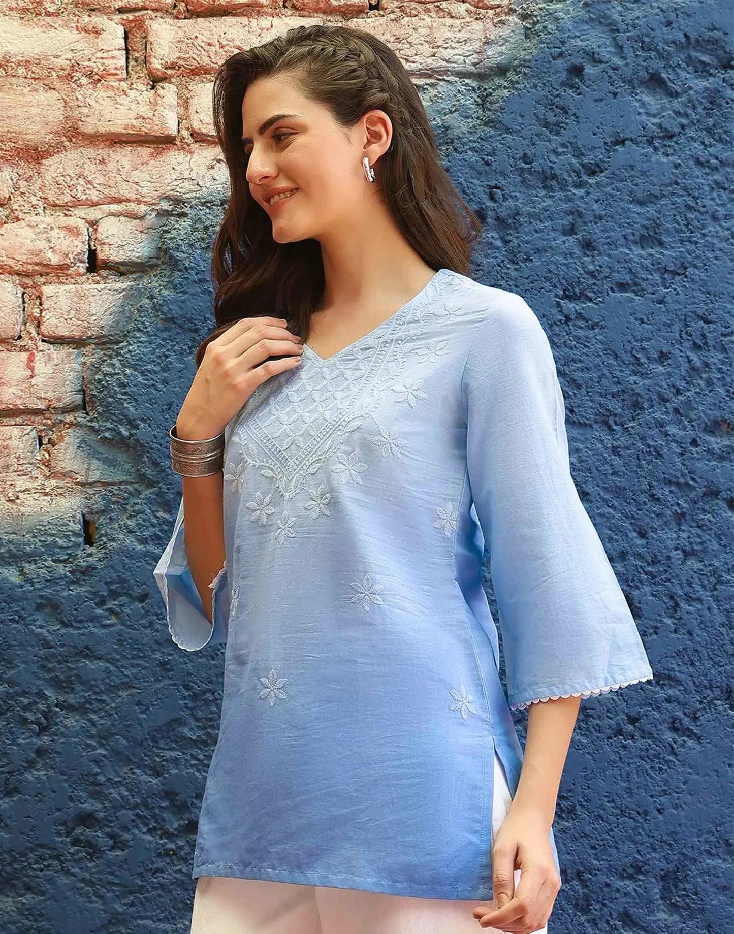 Cotton Chikankari Straight Sweetheart Neck Short Kurti