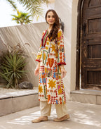 Ivory Round Notch Neck Digital Printed A-Line Ethnic Co-ord Set