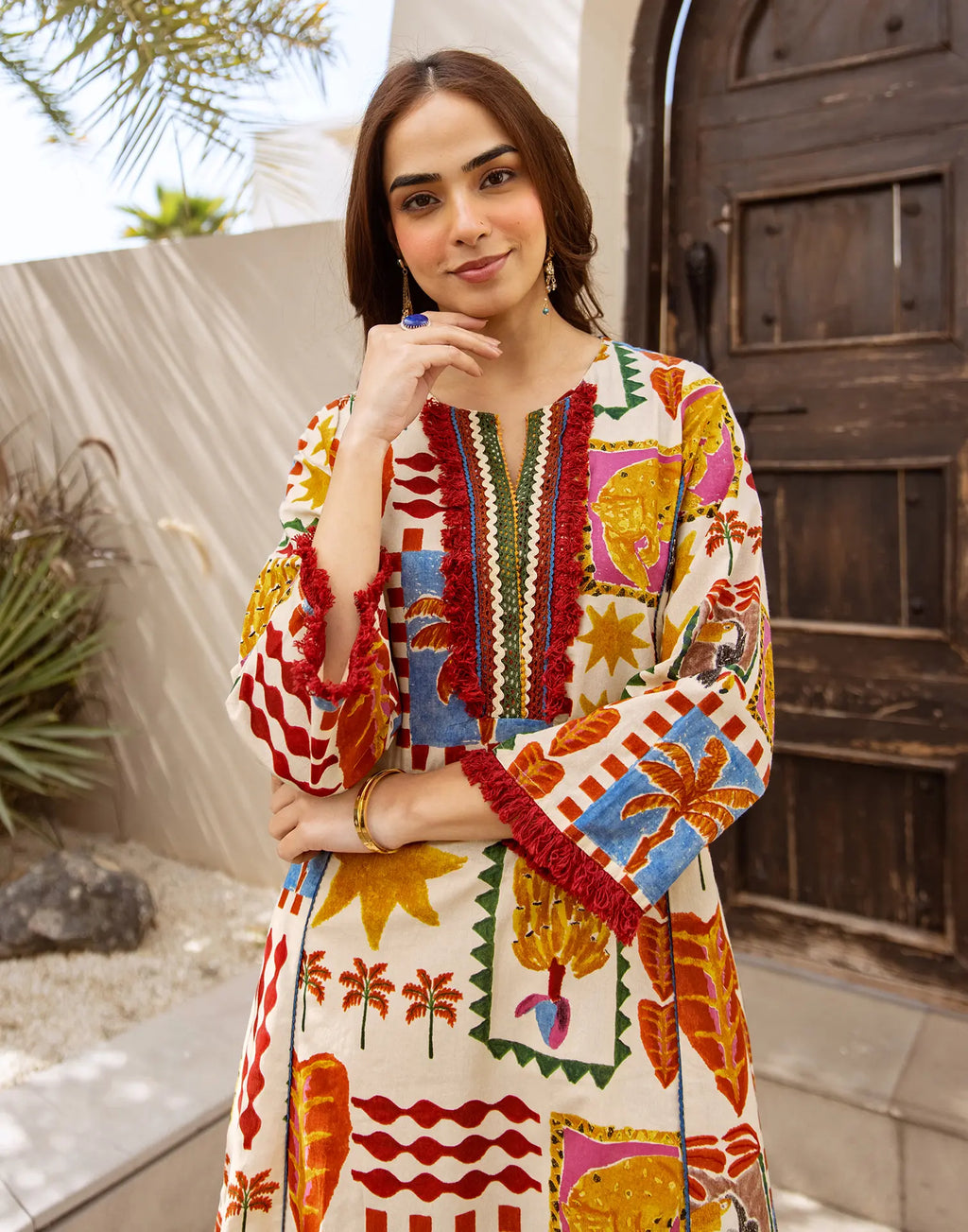 Ivory Round Notch Neck Digital Printed A-Line Ethnic Co-ord Set