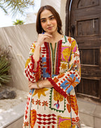 Ivory Round Notch Neck Digital Printed A-Line Ethnic Co-ord Set
