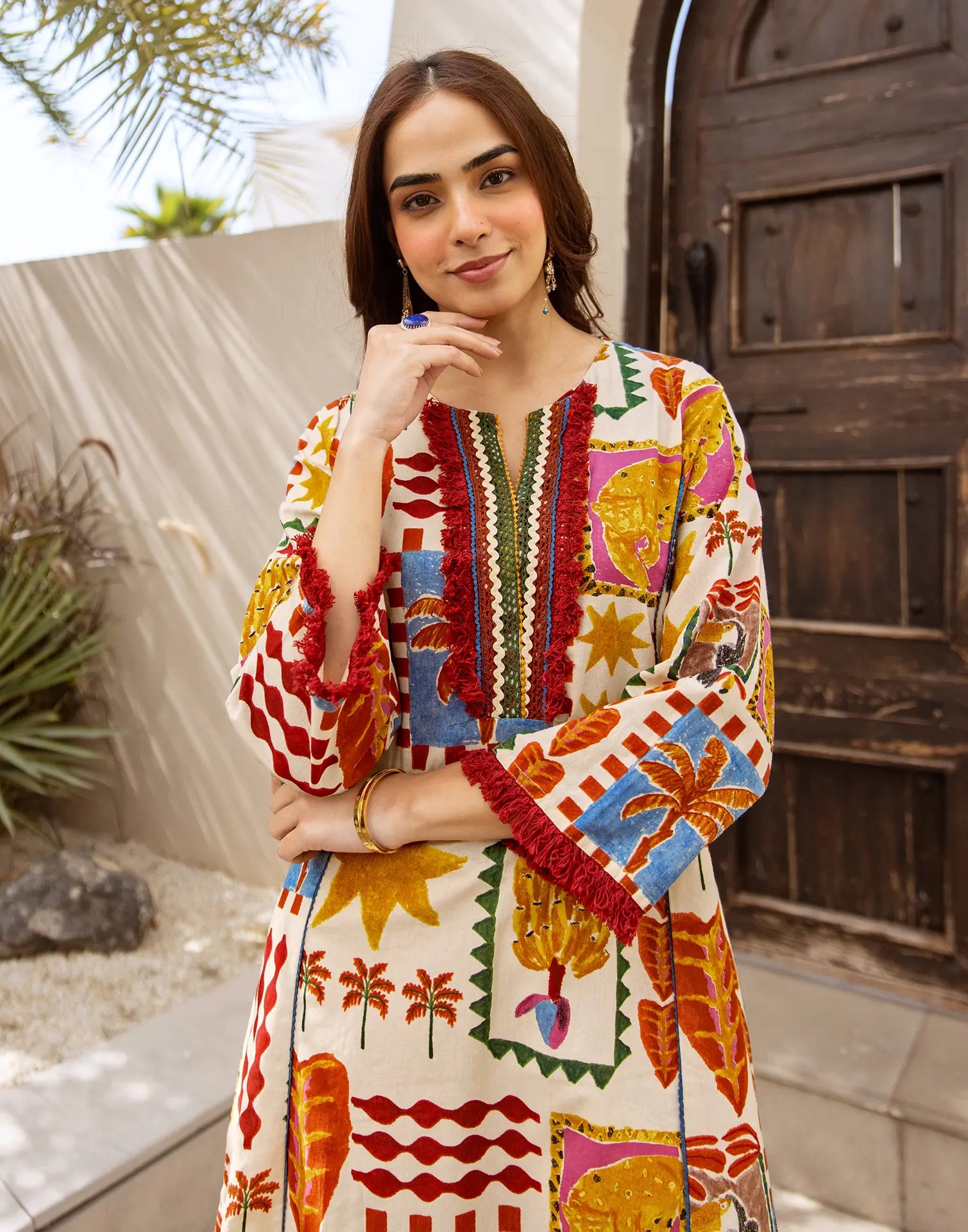 Ivory Round Notch Neck Digital Printed A-Line Ethnic Co-ord Set