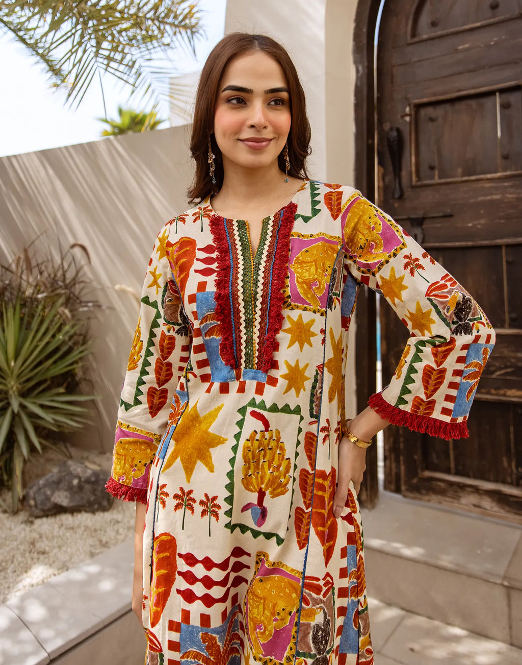Ivory Round Notch Neck Digital Printed A-Line Ethnic Co-ord Set