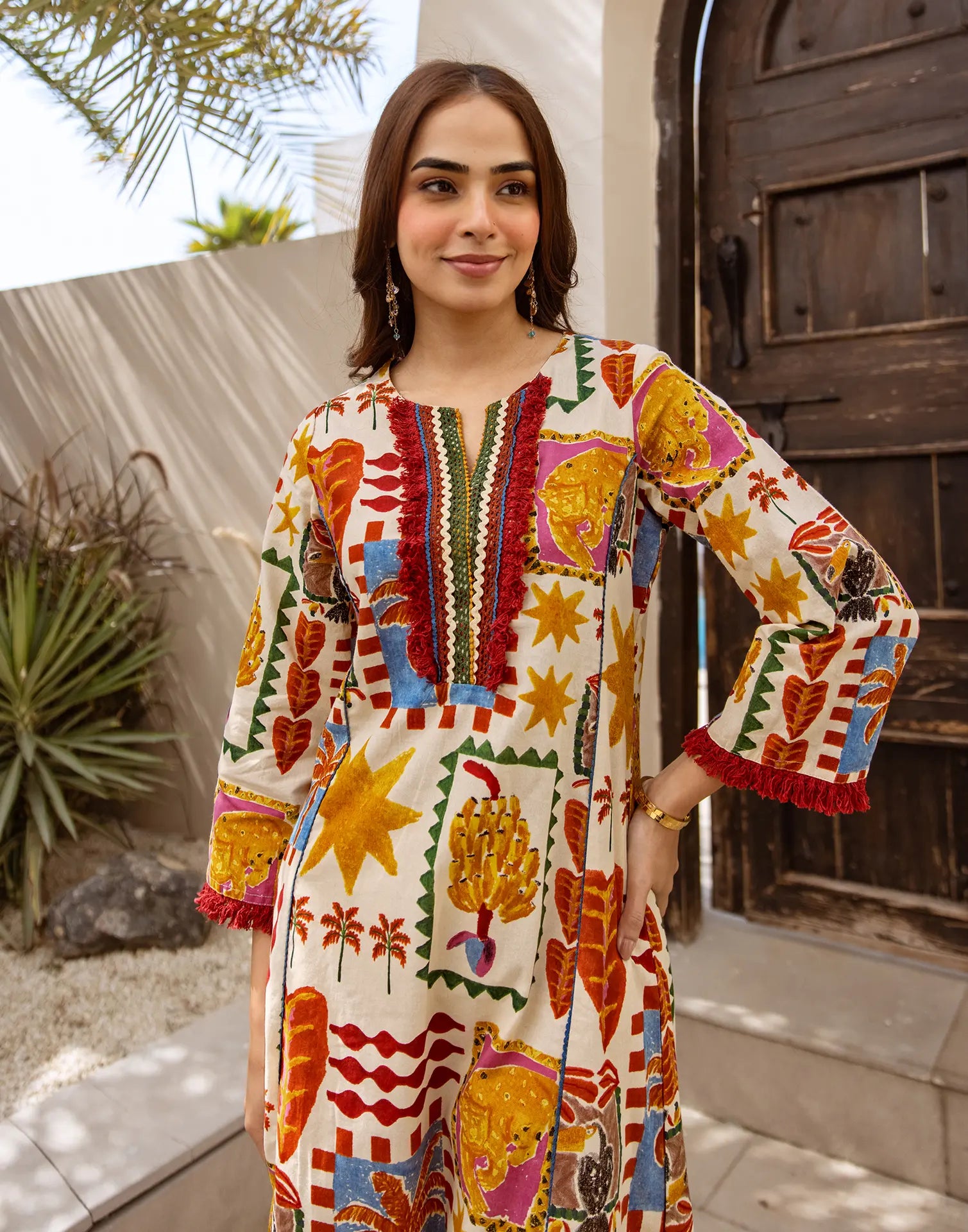 Ivory Round Notch Neck Digital Printed A-Line Ethnic Co-ord Set